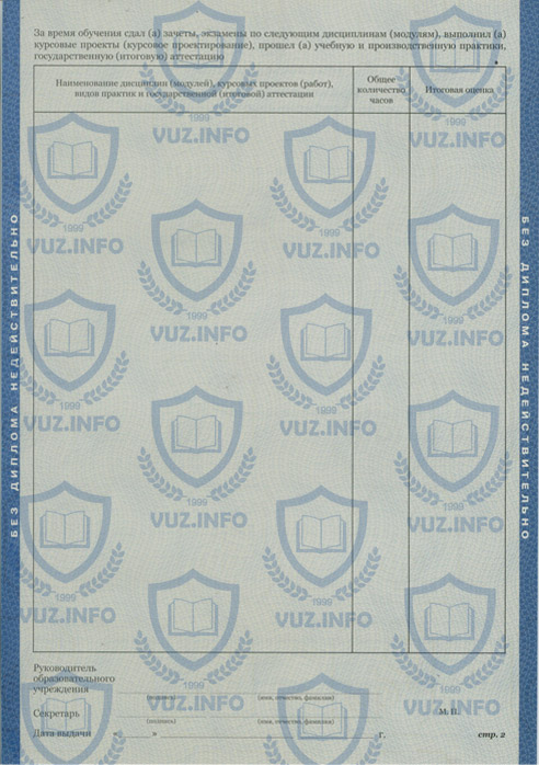 Приложение к диплому, колледжа техникума 2011 2012 2013 годов окончания (обратная сторона)
